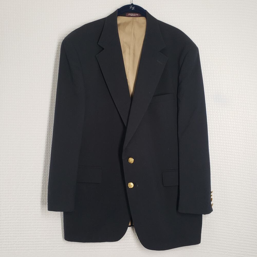 Vintage Evan Picone Sport Coat Mens 46 Reg Navy Blue Gold Button Wool Blazer USA